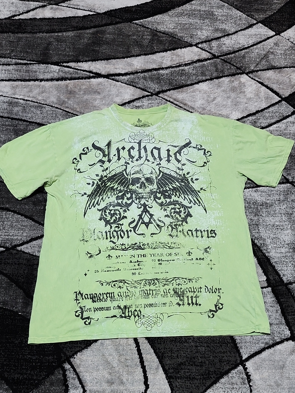 VINTAGE ARCHAIC BY AFFICTION GREEN BURN-OUT WINGED SKULL GRAPHIC CREW TEE-SHIRT